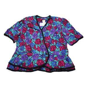Damon Shirt Womens 22W Multicolor Short Sleeve Button Floral Shoulder Pads Top